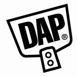 A black and white logo of dap.