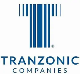A blue and white logo of tranzonic companies